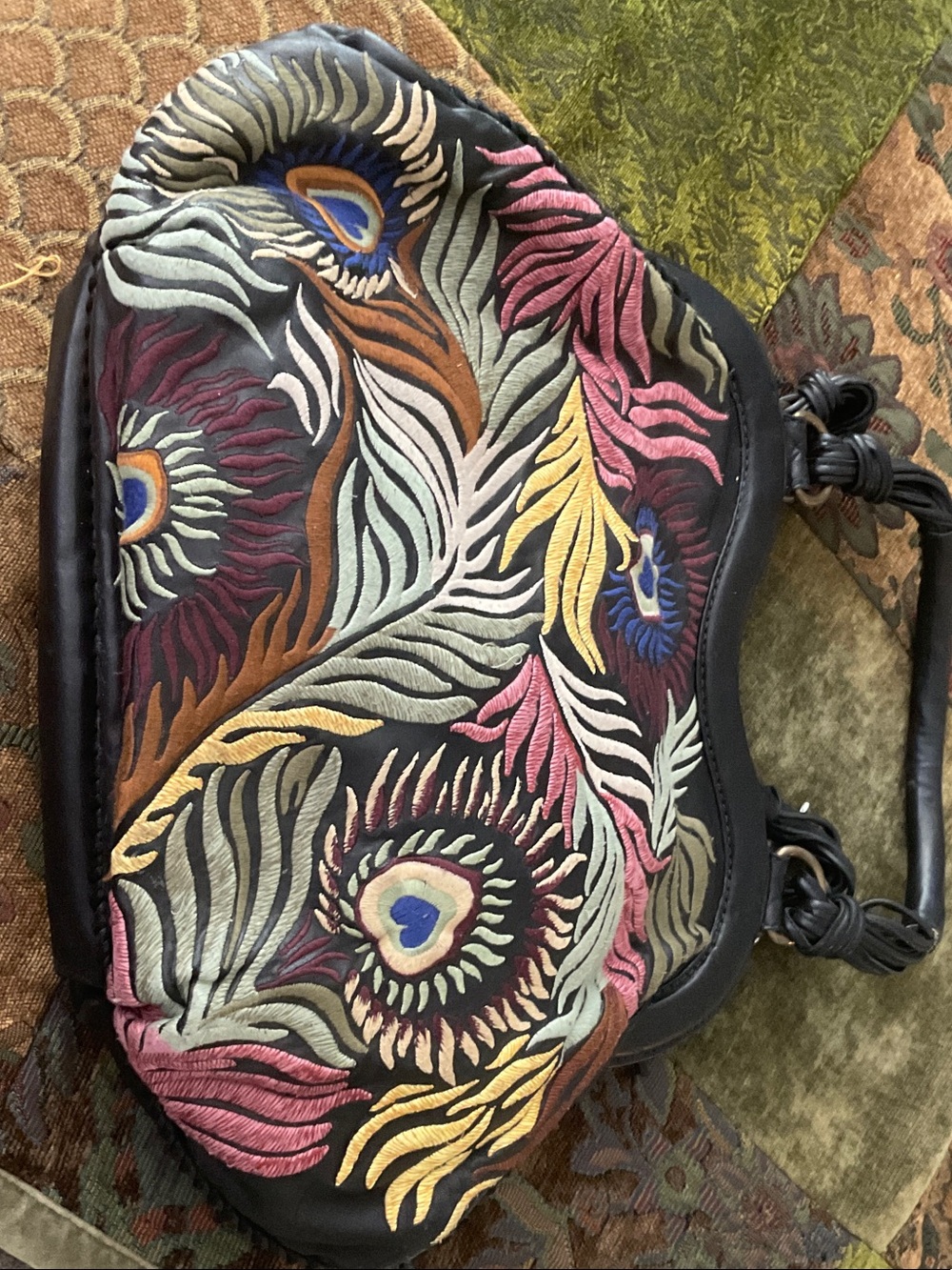 Isabella Fiore Black Shoulder Bag with Multicolor Feather Embroidery